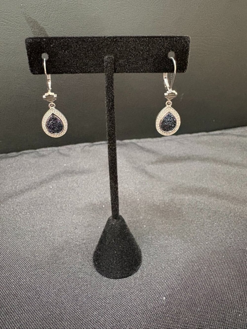 HARLEY DAVIDSON TEARDROP BLUE DRUZY STERLING SILVER EARRINGS